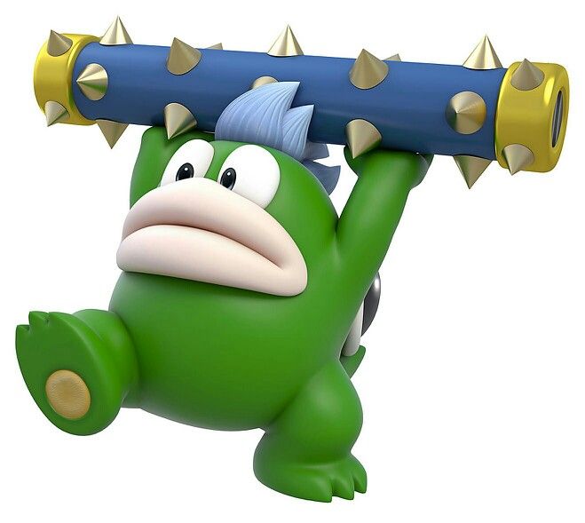 a green cartoon character holding onto a blue object with spikes on it's head