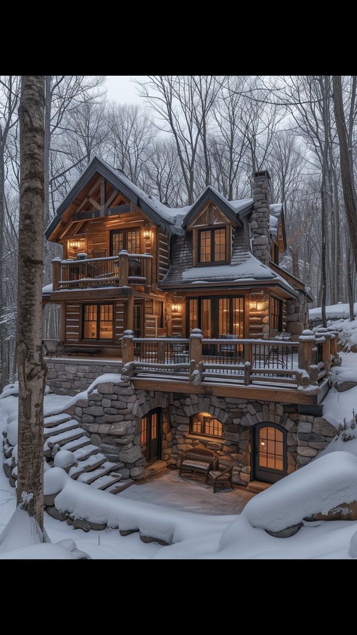 a large log cabin in the woods with snow on the ground and stairs leading up to it