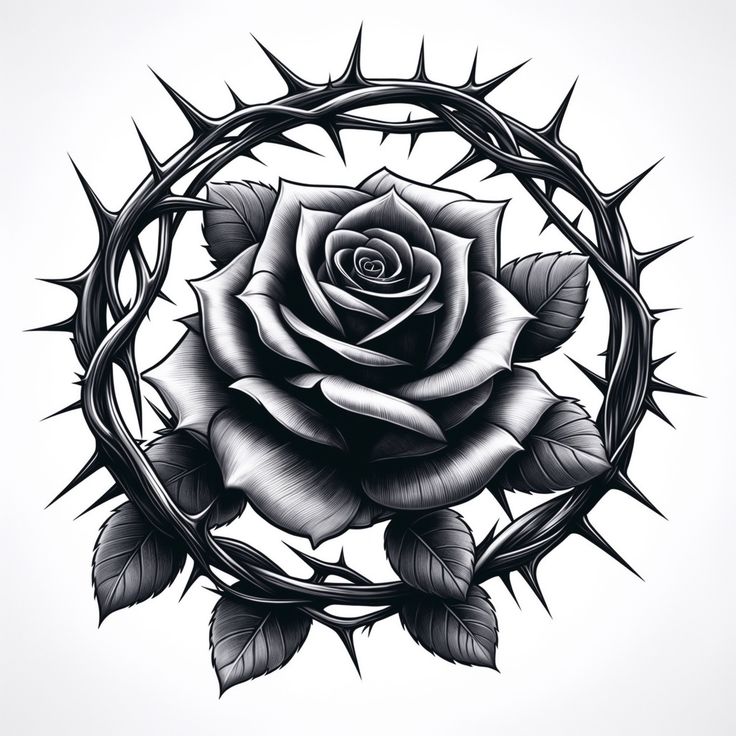 a black and white drawing of a rose surrounded by thorns