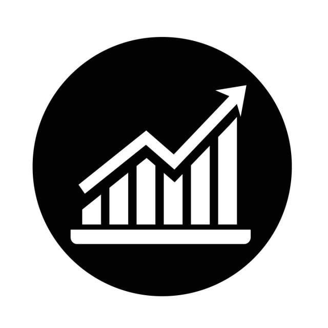 a black and white icon with an arrow pointing up to a graph on the bottom