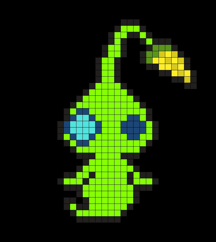 an image of a pixel art piece in the shape of a green bird with blue eyes