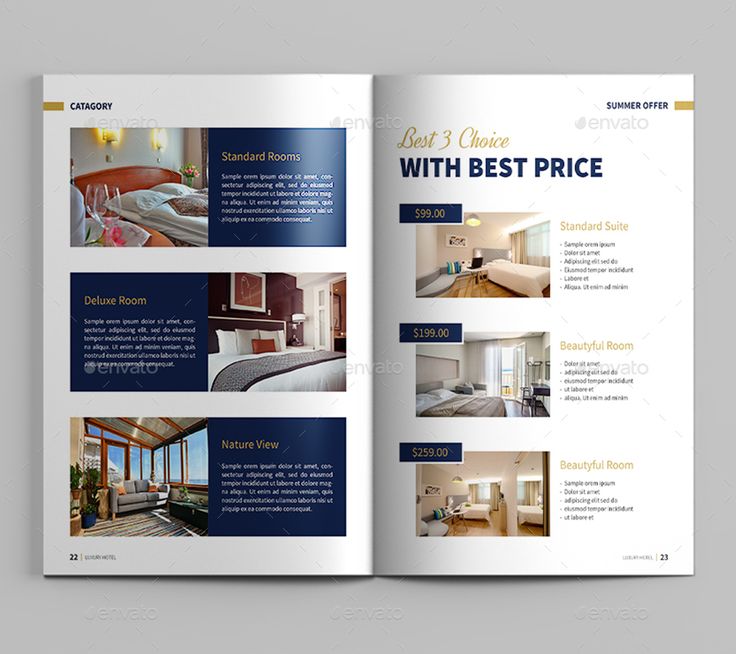 an open brochure showing the inside pages of a hotel room with bedding and furniture