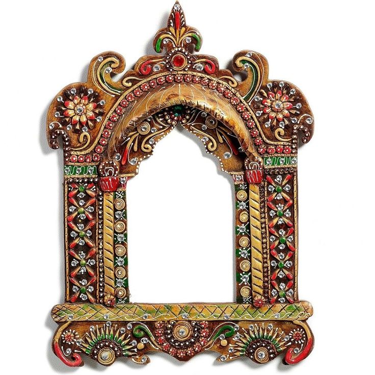 an intricately decorated mirror is shown with measurements for the size and shape, as well as colors