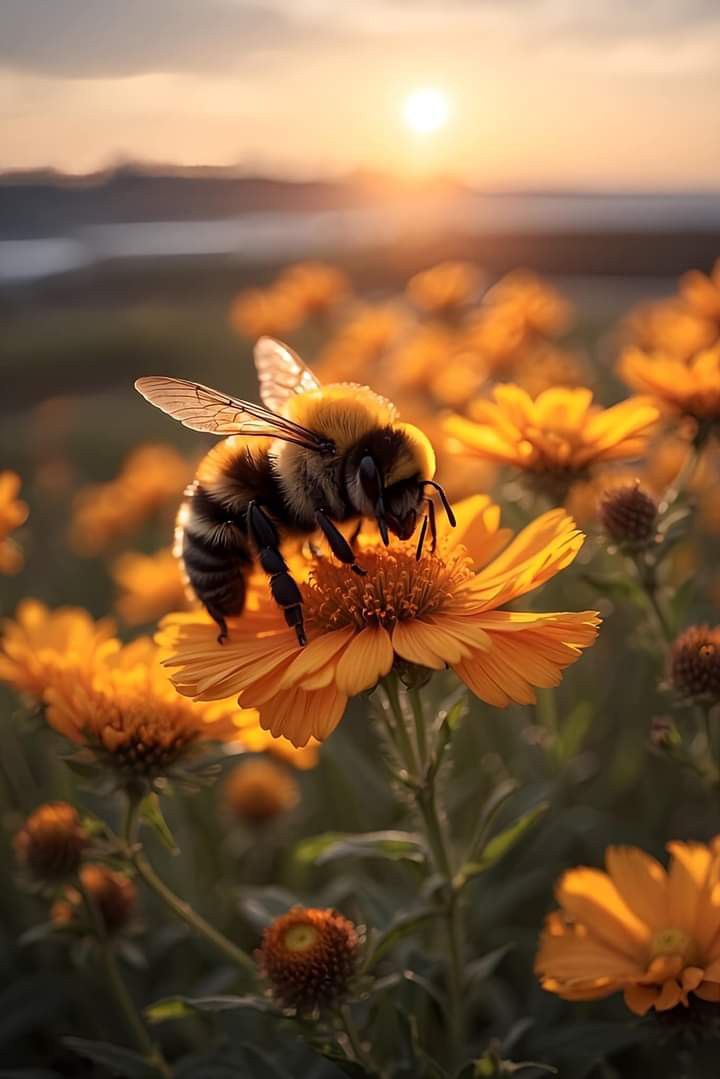 a bee sitting on top of a yellow flower in front of the sun setting behind it