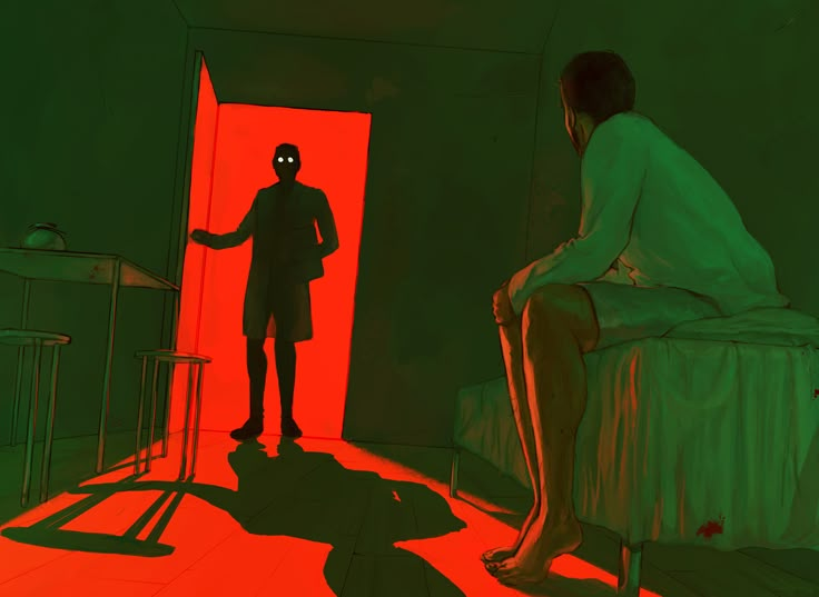 a man sitting on a bed in front of an open door with a neon red light