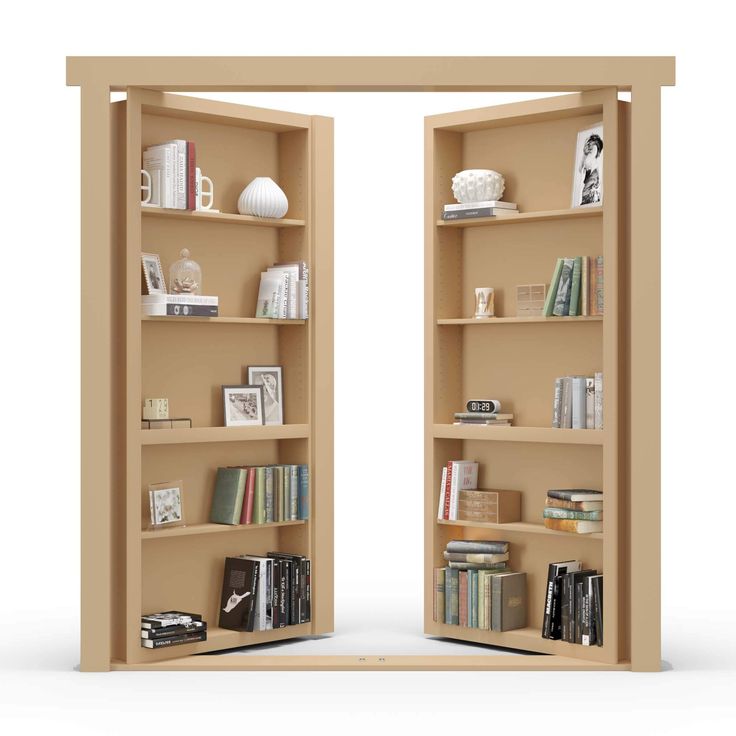 an open bookcase with books on it and two doors opened to reveal the room