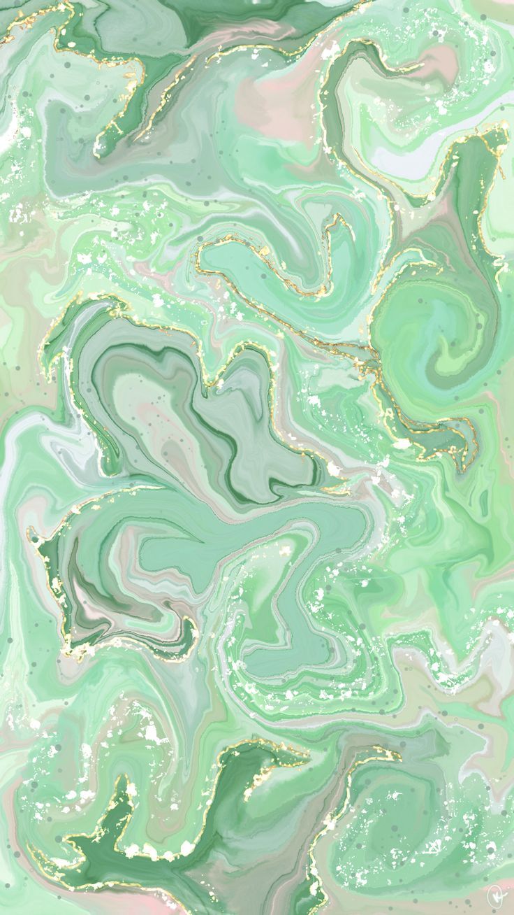 an abstract painting with green and pink colors on it's surface, as well as gold foil