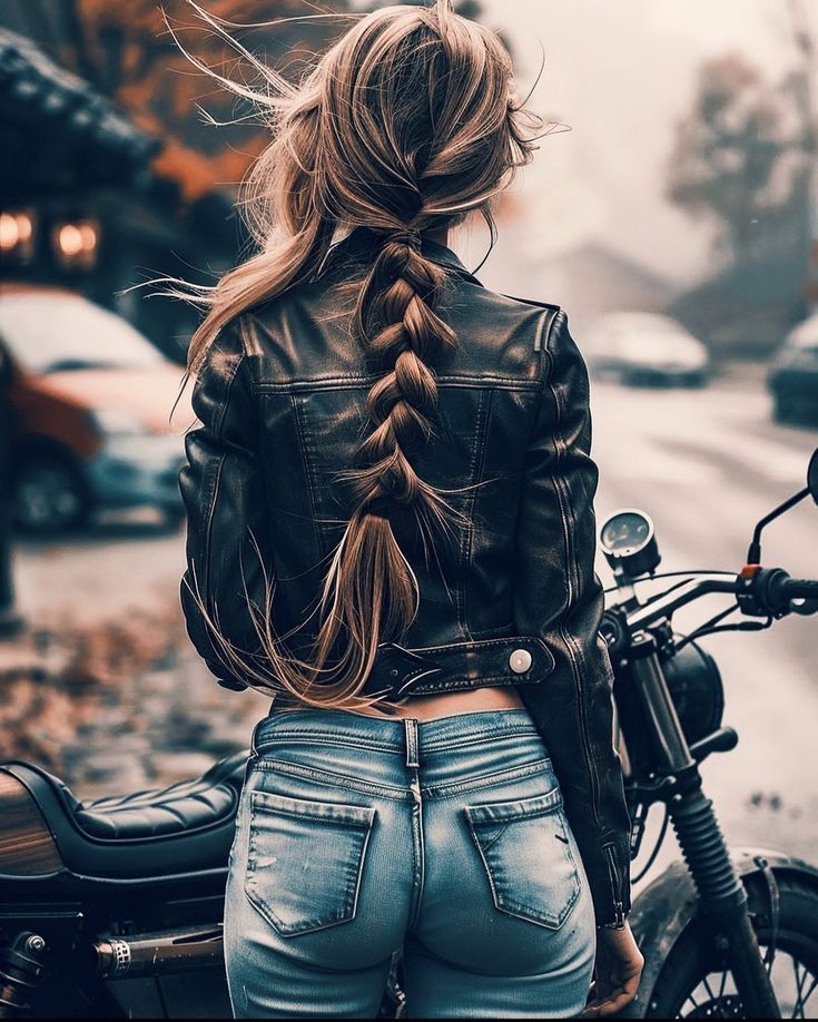 a woman standing next to a motorcycle with her hair in a fishtailed braid