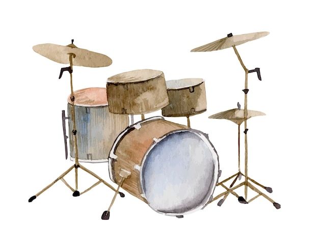 a watercolor painting of a drum set