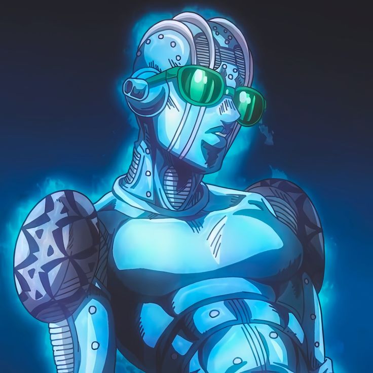 a robot with green goggles standing in front of a blue background and holding a ball