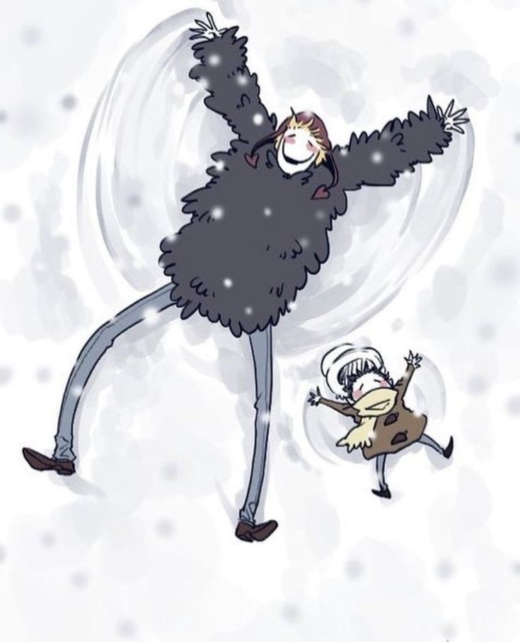 a drawing of a person in the snow with an animal on his back and one arm outstretched