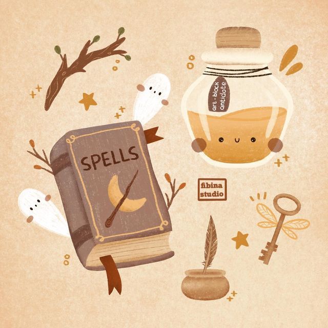 an illustration of a spell book surrounded by other items