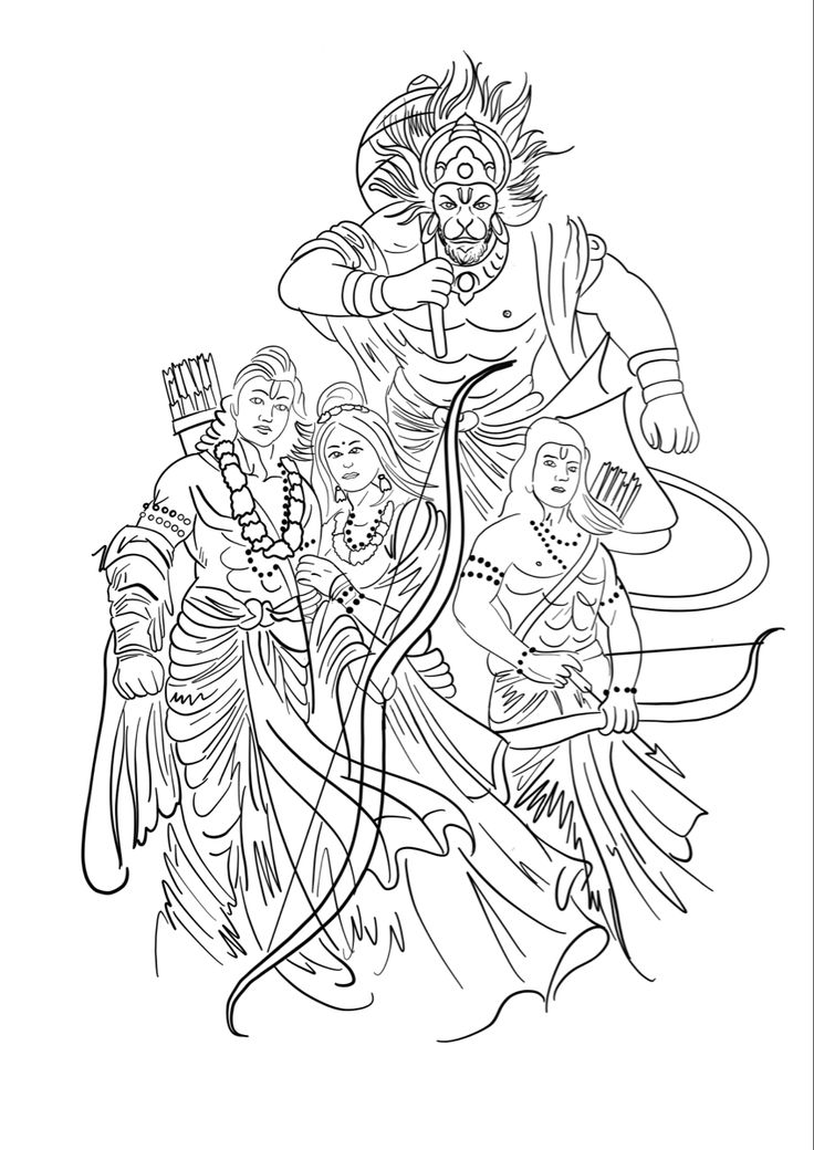 an image of the hindu god with his family in black and white coloring book page