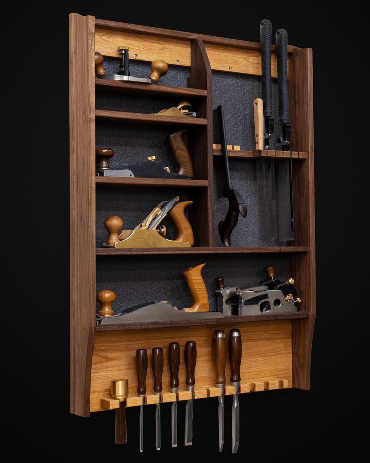 a wooden shelf filled with lots of tools