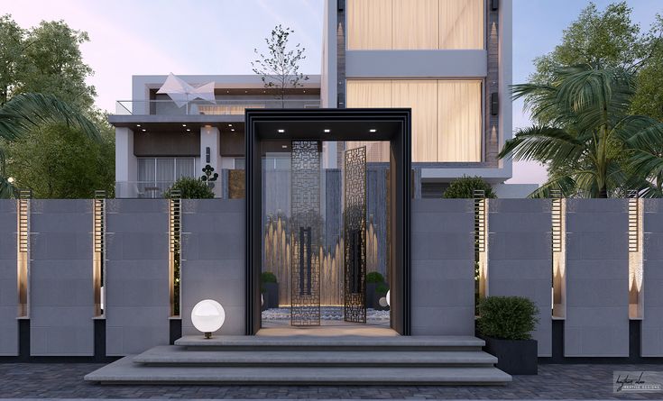 an entrance to a modern home surrounded by palm trees