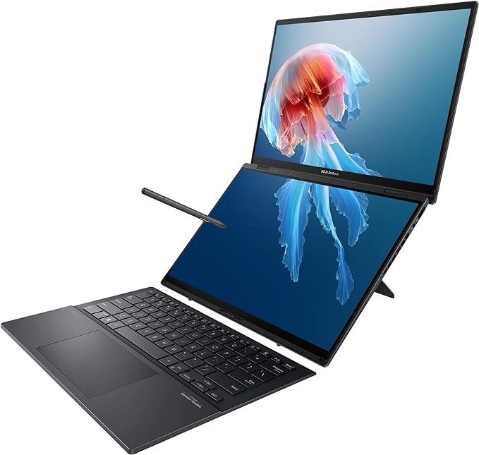 an open laptop computer with a jellyfish image on the screen and a pen sticking out of it