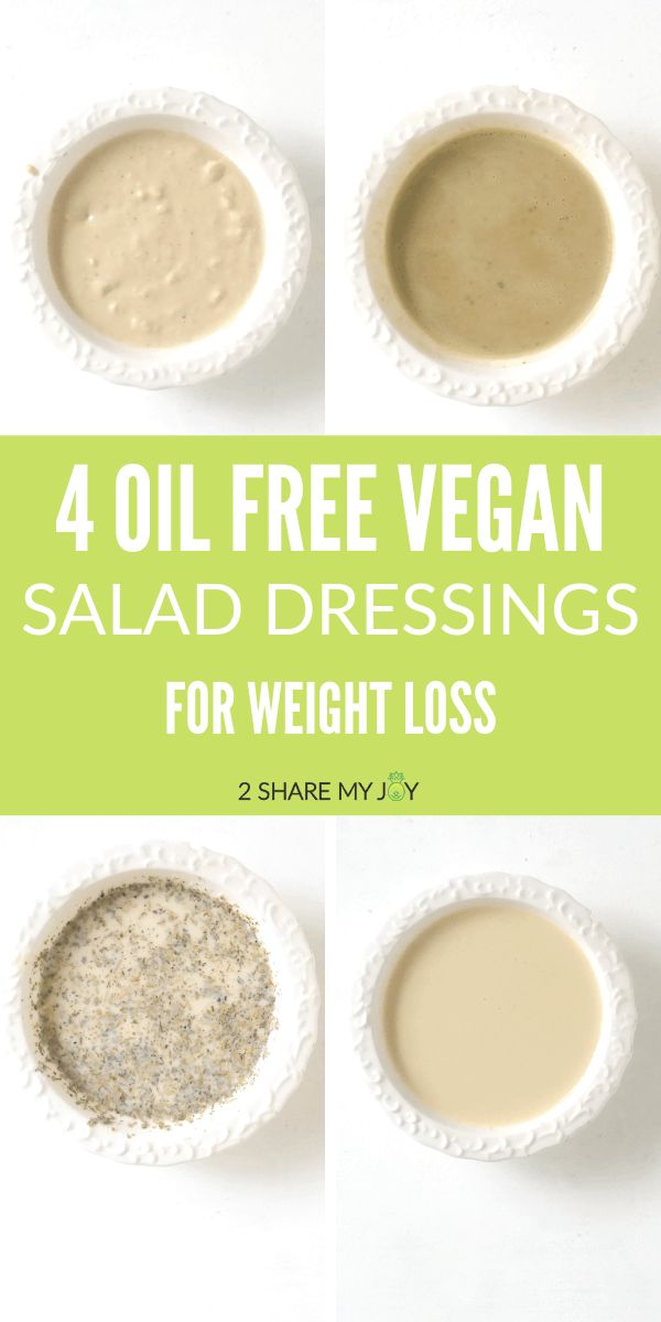 four different types of salad dressings in small bowls with the text, 4 oil free vegan salad dressings easy healthy gf