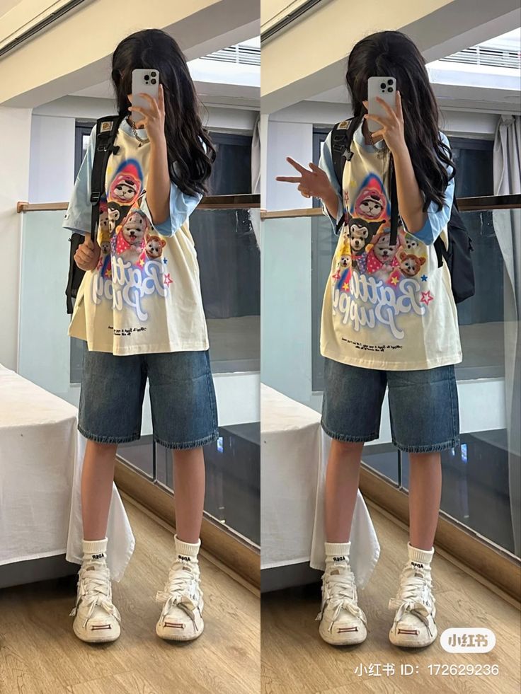 Casual Jorts Outfits, Feminine Jorts Outfit, Cute Jorts Outfit, Badminton Outfit, Chinese Summer Outfits, Outfit Ideas Jorts, Summer Outfits Jorts, Juminocore Outfit, Estilo Harajuku