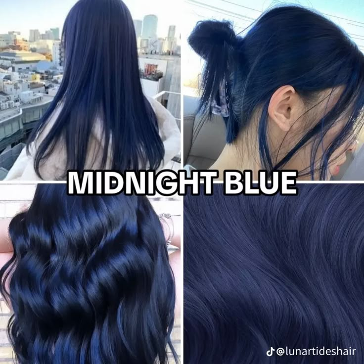 Navy Dyed Hair, Temporary Dye For Dark Hair, Cobalt Hair Color, Purple And Indigo Hair, Brown Blue Hair Color, Midnight Blue Hair Aesthetic, Dark Blue And Teal Hair, Blue On Brown Hair No Bleach, Shadow Root Blue Hair