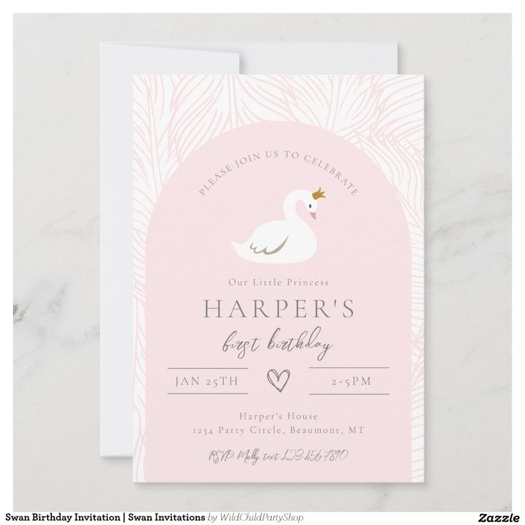 a pink and white swan birthday party card with the words harper's first birthday on it