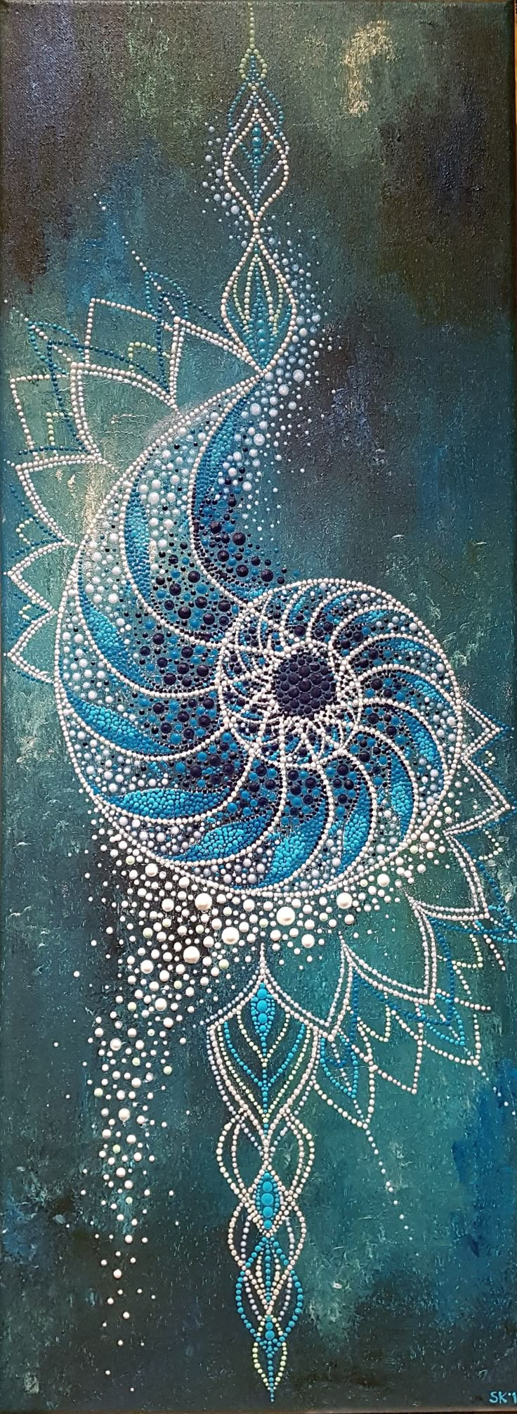 a painting with blue and white designs on it