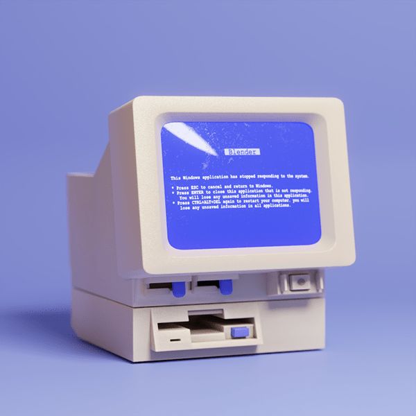 an old computer with a blue screen on it