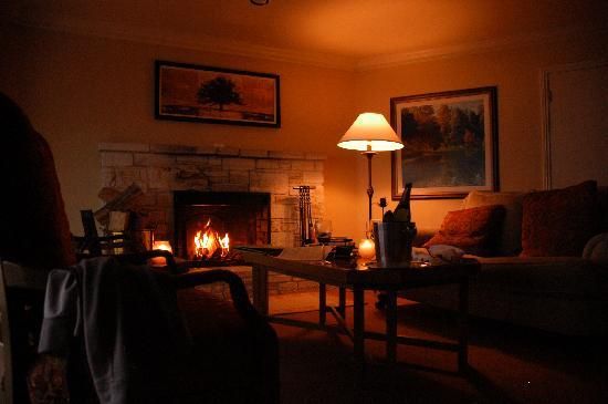 a living room filled with furniture and a fire place next to a table in front of a fireplace