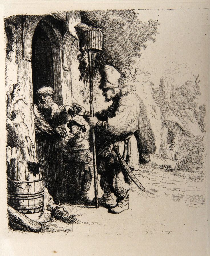 an old black and white drawing of a man opening a door to another man in the woods