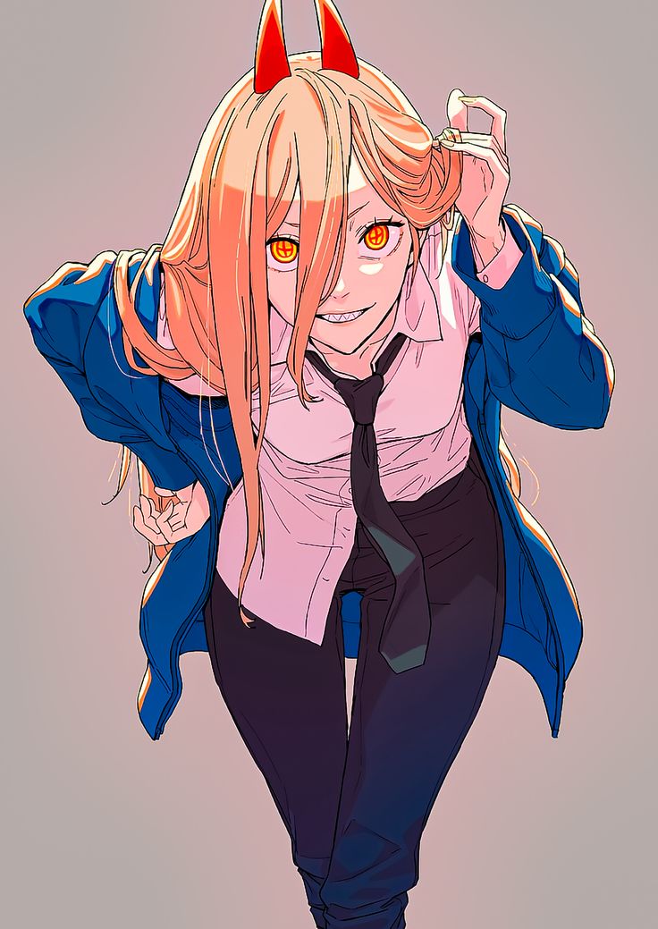 an anime character with long blonde hair wearing a tie and devil horns on her head