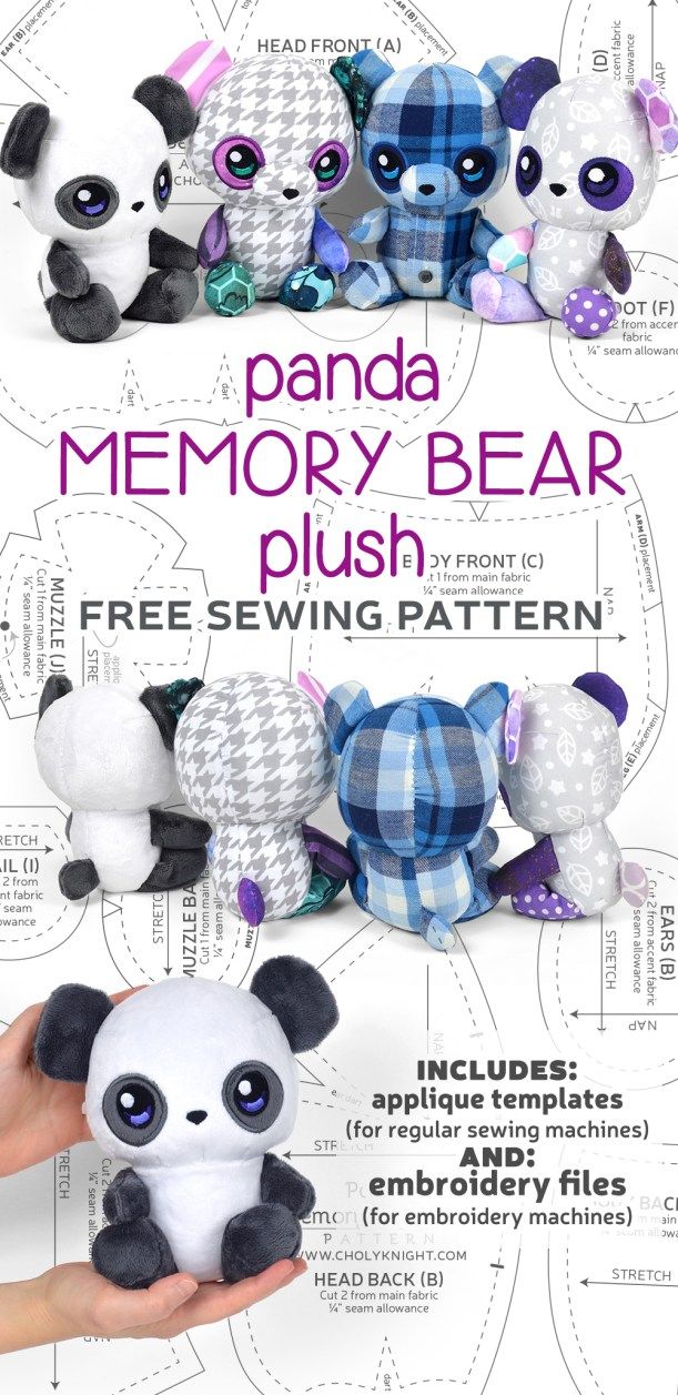 the panda memory bear sewing pattern is shown in three different sizes and colors, with instructions to make it