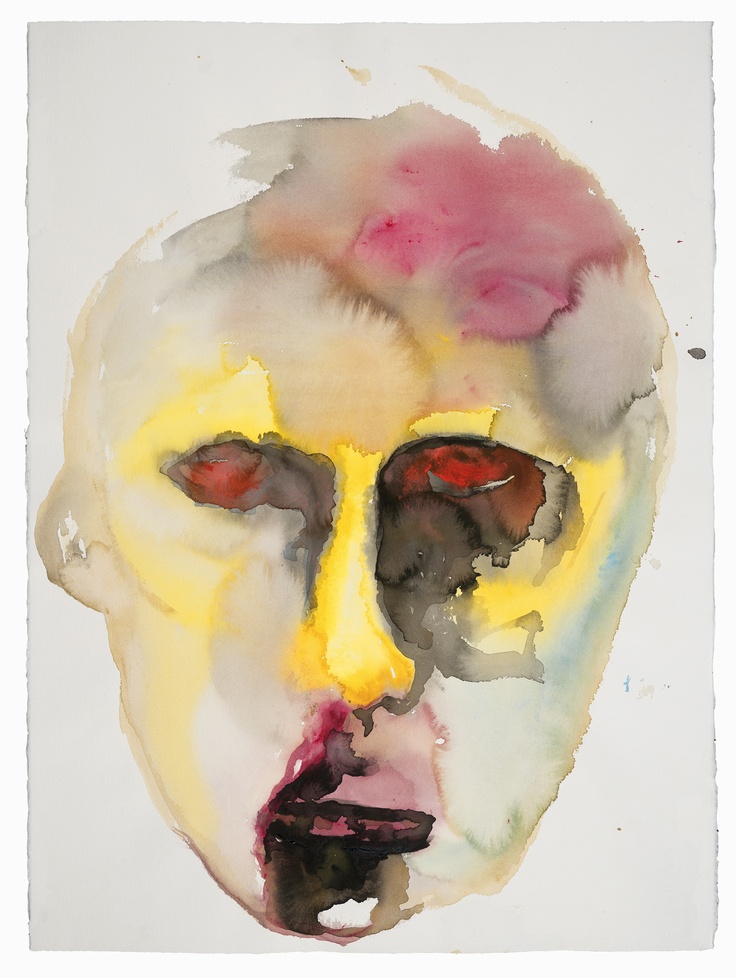 a watercolor painting of a man's face with red eyes and yellow nose