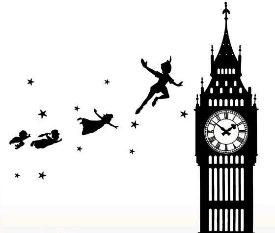 the silhouettes of people flying in front of big ben clock tower with angels and stars