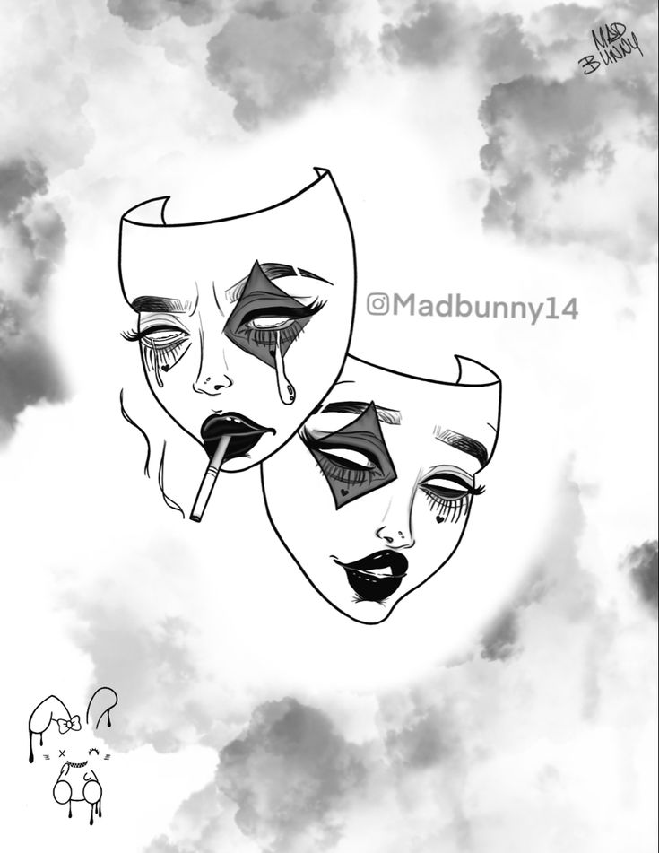 Beautiful Tragedy Comedy Mask Tattoo Design Two Masks Drawing, Comedy Drama Masks Tattoo, Female Thigh Tattoos Unique, Theater Masks Drawing Art, Drama Tattoo Mask, Theater Masks Tattoo, Drama Mask Drawing, Theatre Masks Aesthetic, Two Masks Tattoo