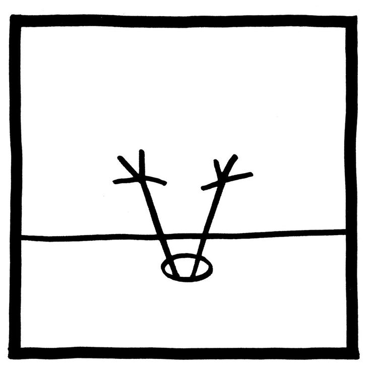 a black and white drawing of two sticks sticking out of the center of a square