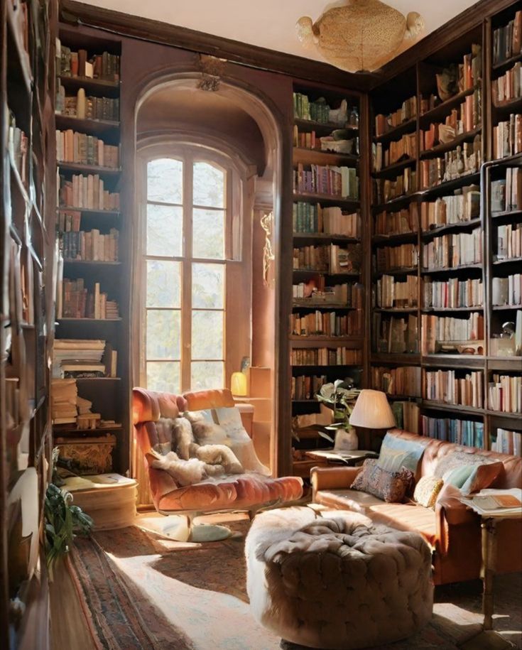 a living room filled with lots of furniture and bookshelves next to a window