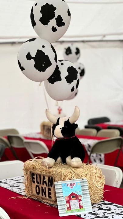 a table topped with balloons filled with black and white cow print decorations on top of hay bales