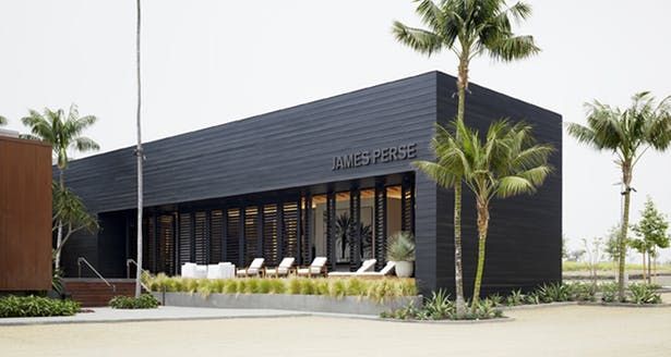 a black building with palm trees in front of it