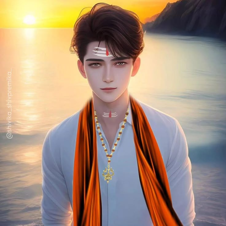 a painting of a man standing in front of the ocean with an orange scarf around his neck