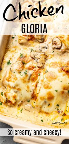 a casserole dish filled with chicken and cheese