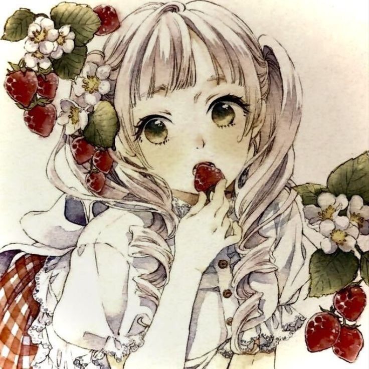 a drawing of a girl with strawberries on her head and flowers in her hair