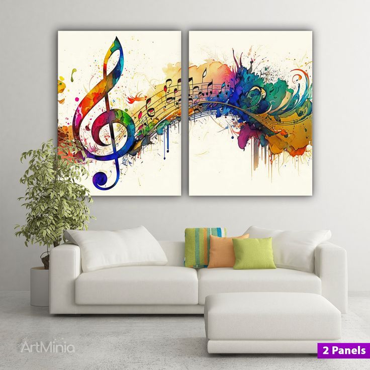 two canvases with colorful music notes on them