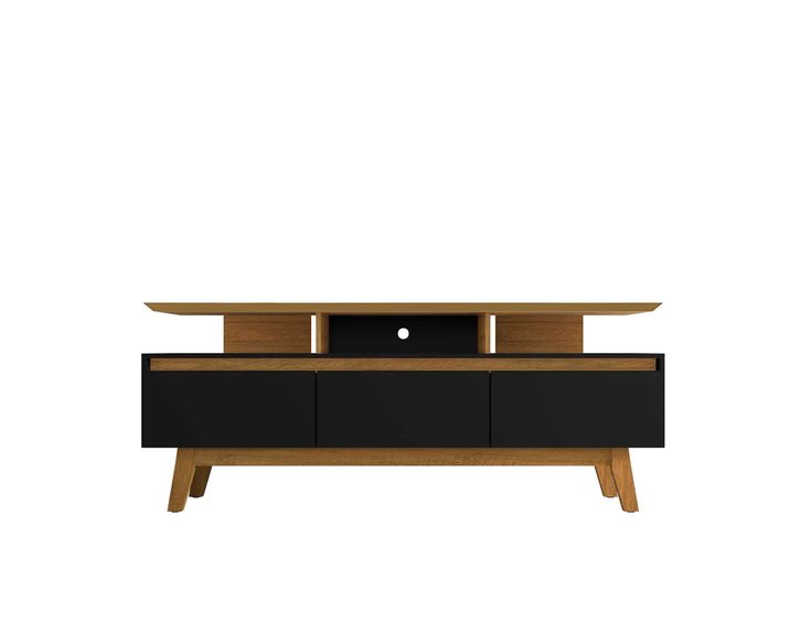 a black and wood tv stand with a laptop on it's top, in front of a white background