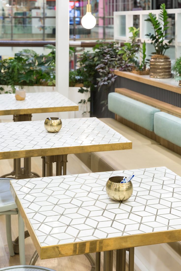 tables and chairs in a restaurant with potted plants