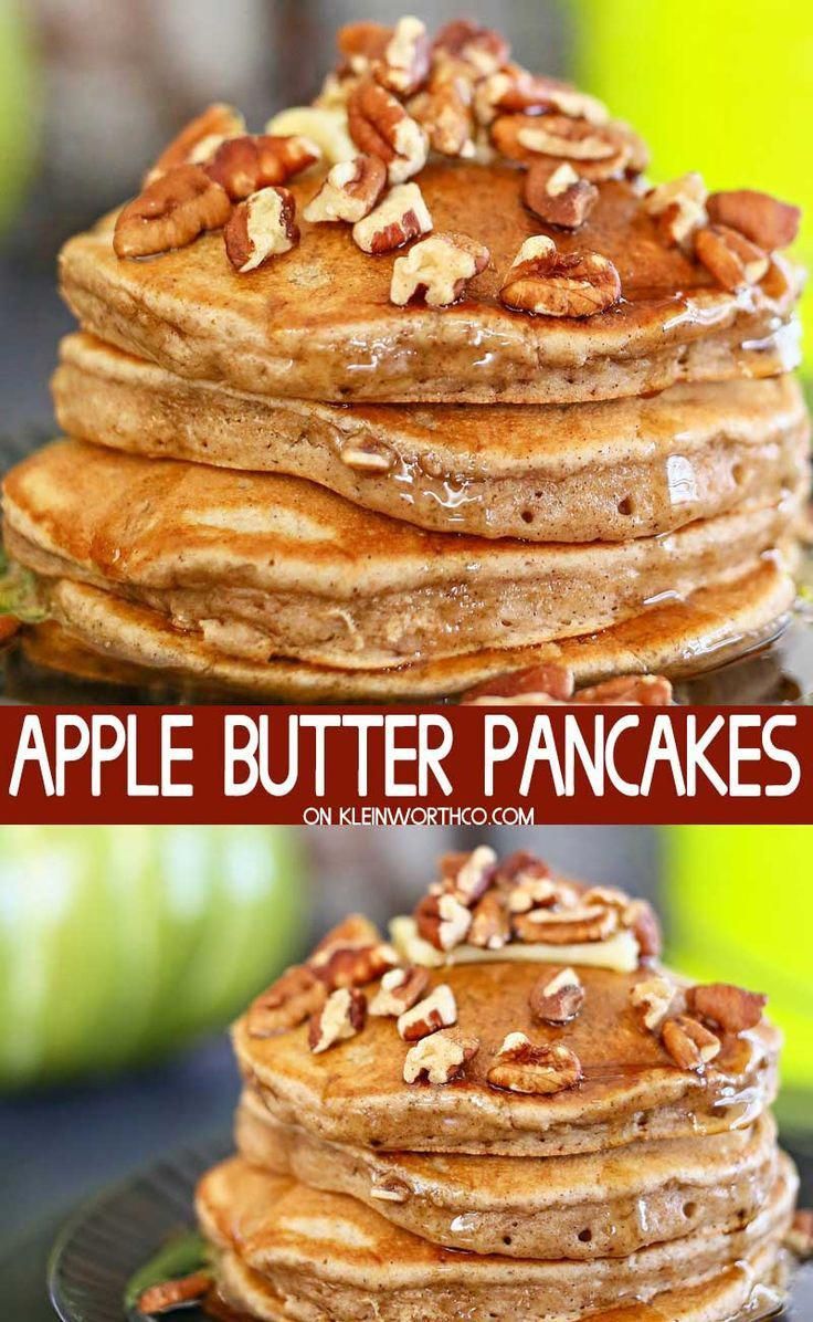 stack of apple butter pancakes on a plate with syrup and pecans in the background