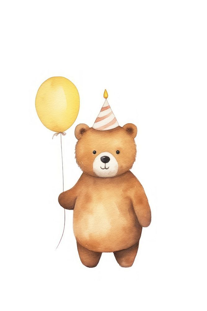 a watercolor painting of a teddy bear with a party hat holding a yellow balloon