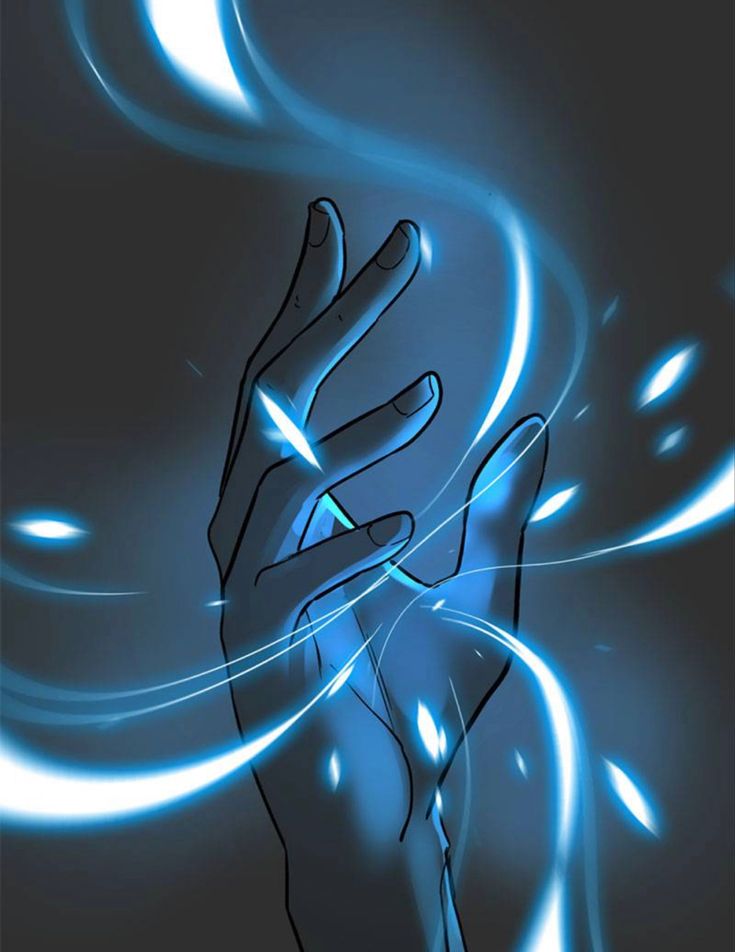 a person holding their hands up in the air with blue light coming from them and swirling around