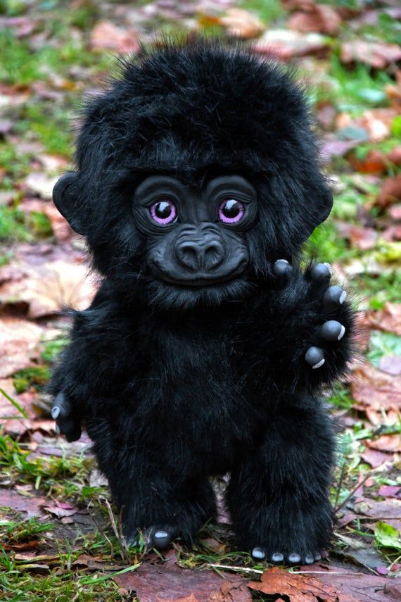 a small black monkey with purple eyes standing on its hind legs and looking at the camera