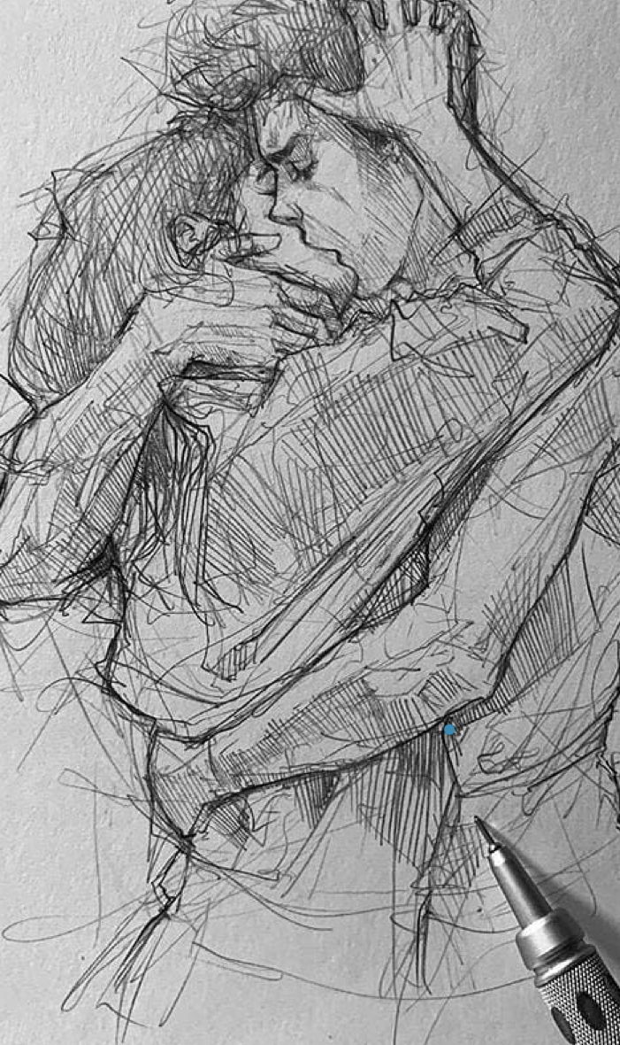 a pencil drawing of a man with his head in his hands and arms around him