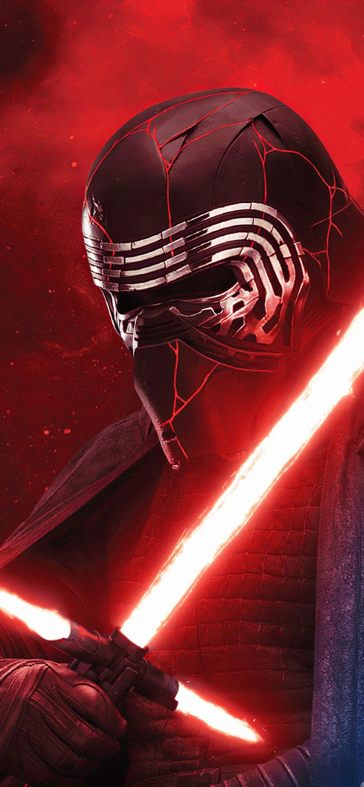 the star wars character is holding a light saber in front of a red and black background