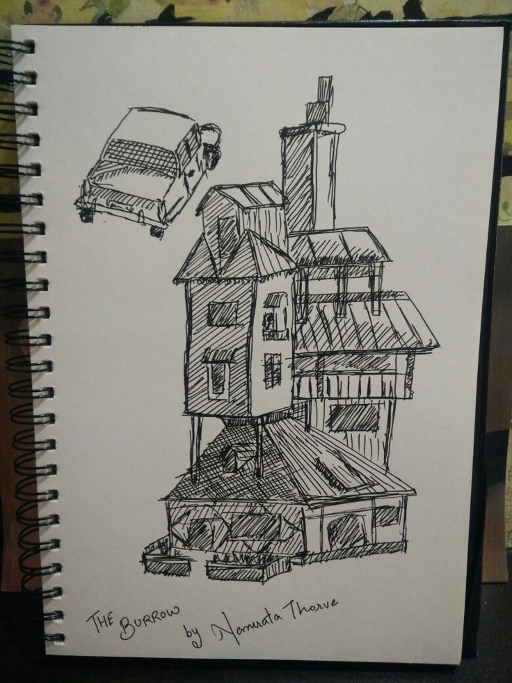 a drawing of a house with a car coming out of the roof and on top of it